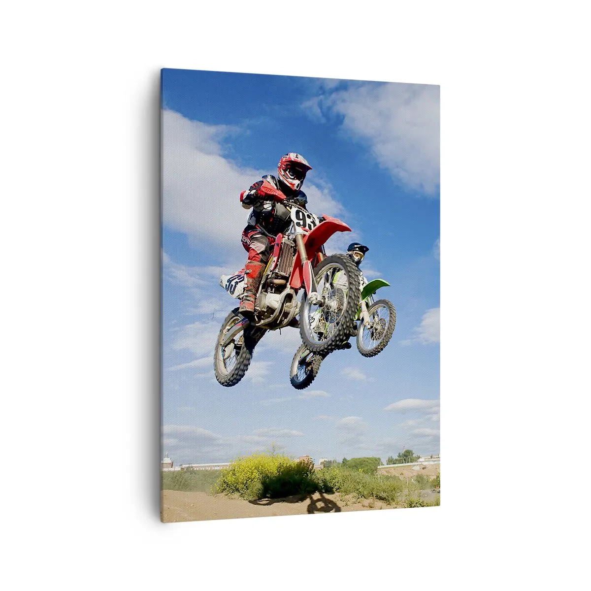 Impression sur toile - Image sur toile - Des pilotes de motocross dans les airs lors d'un saut - 70x100cm - Saut en parachute - Décoration murale moderne pour le salon et la chambre ARTTOR