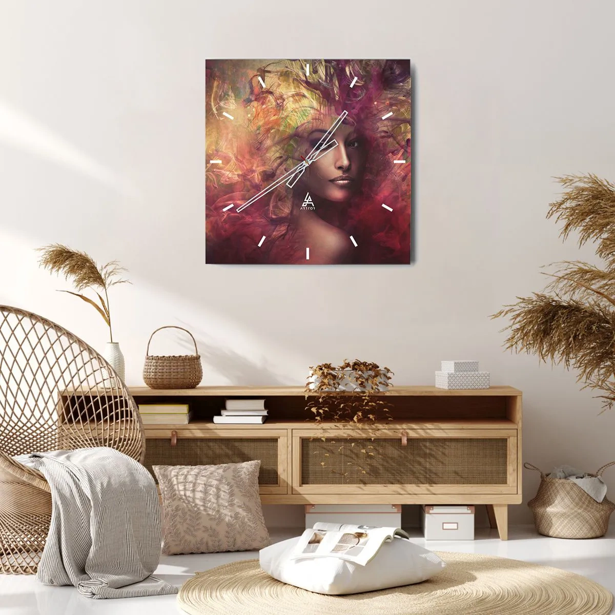 Horloge murale - Pendule murale - Une femme aux couleurs abstraites créant un arrière-plan dynamique - 30x30cm - Je suis ici! - Décoration murale moderne pour le salon et la chambre ARTTOR