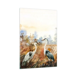Impression sur verre - Image sur verre - Deux hérons sur fond de paysage d'automne - 80x120cm - Jusqu'où en automne ? - Décoration murale moderne pour le salon et la chambre ARTTOR