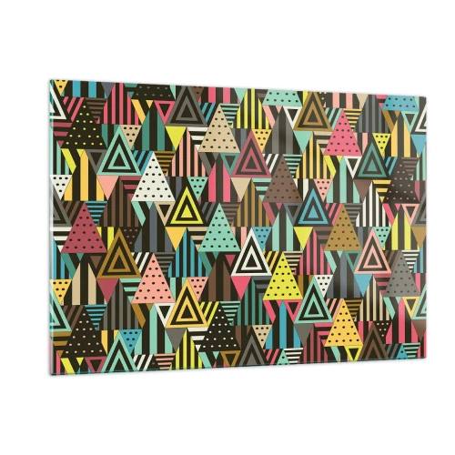 Impression sur verre - Image sur verre - Une composition abstraite avec des triangles aux couleurs intenses. - 120x80cm - En rythme de trois - Décoration murale moderne pour le salon et la chambre ARTTOR