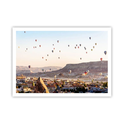 Affiche - Poster - Cappadoce avec des ballons sur fond de collines pittoresques - 100x70cm - Comme des navires dans le ciel - Décoration murale moderne pour le salon et la chambre ARTTOR