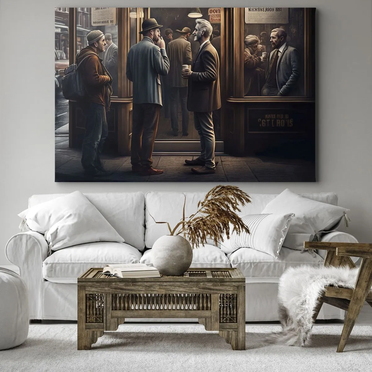 Impression sur toile - Image sur toile - Scène de rue avec des gens devant un café rétro - 70x50cm - Bon moment de la journée - Décoration murale moderne pour le salon et la chambre ARTTOR