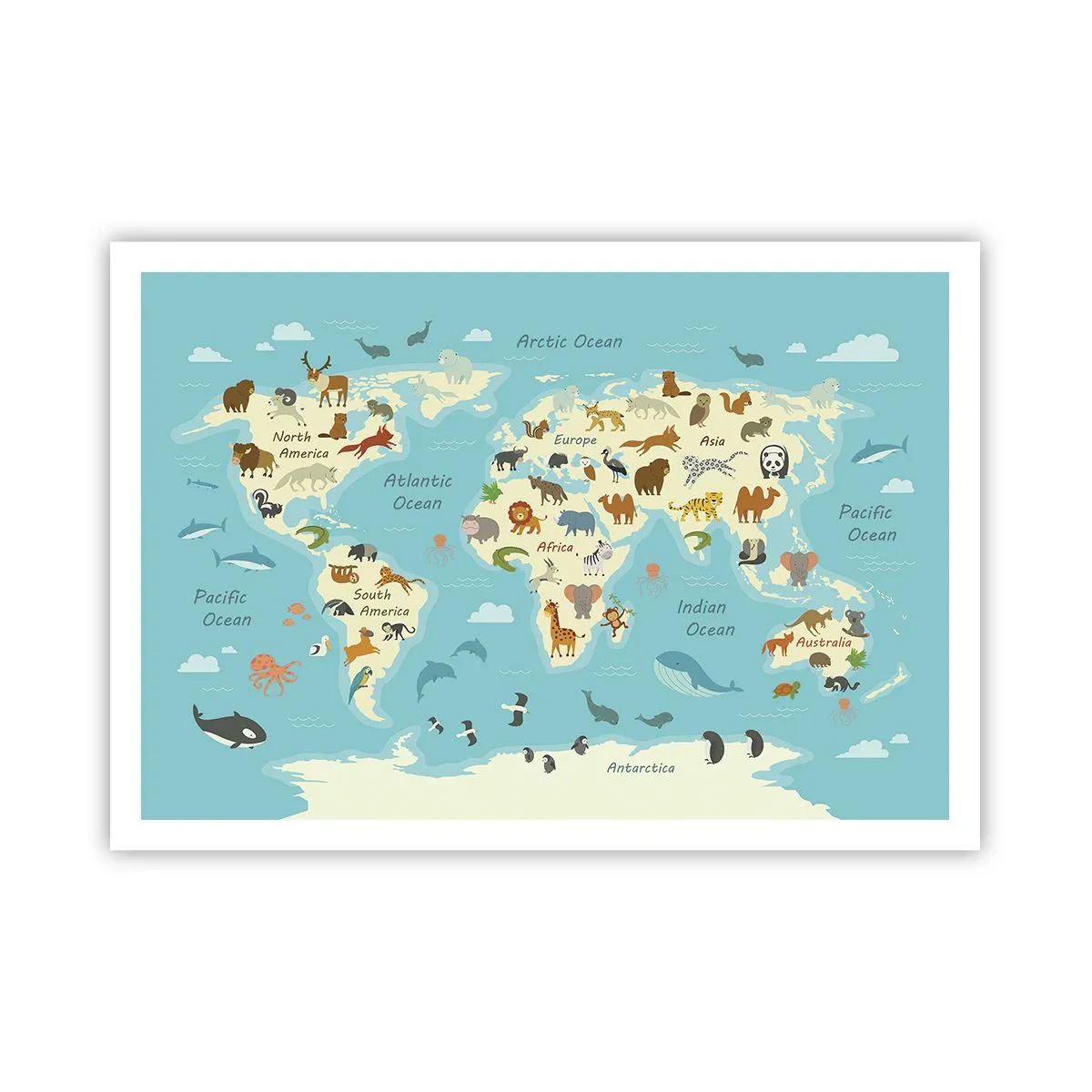 Affiche - Poster - Carte du monde avec des illustrations d'animaux - 100x70cm - De bons voisins - Décoration murale moderne pour le salon et la chambre ARTTOR