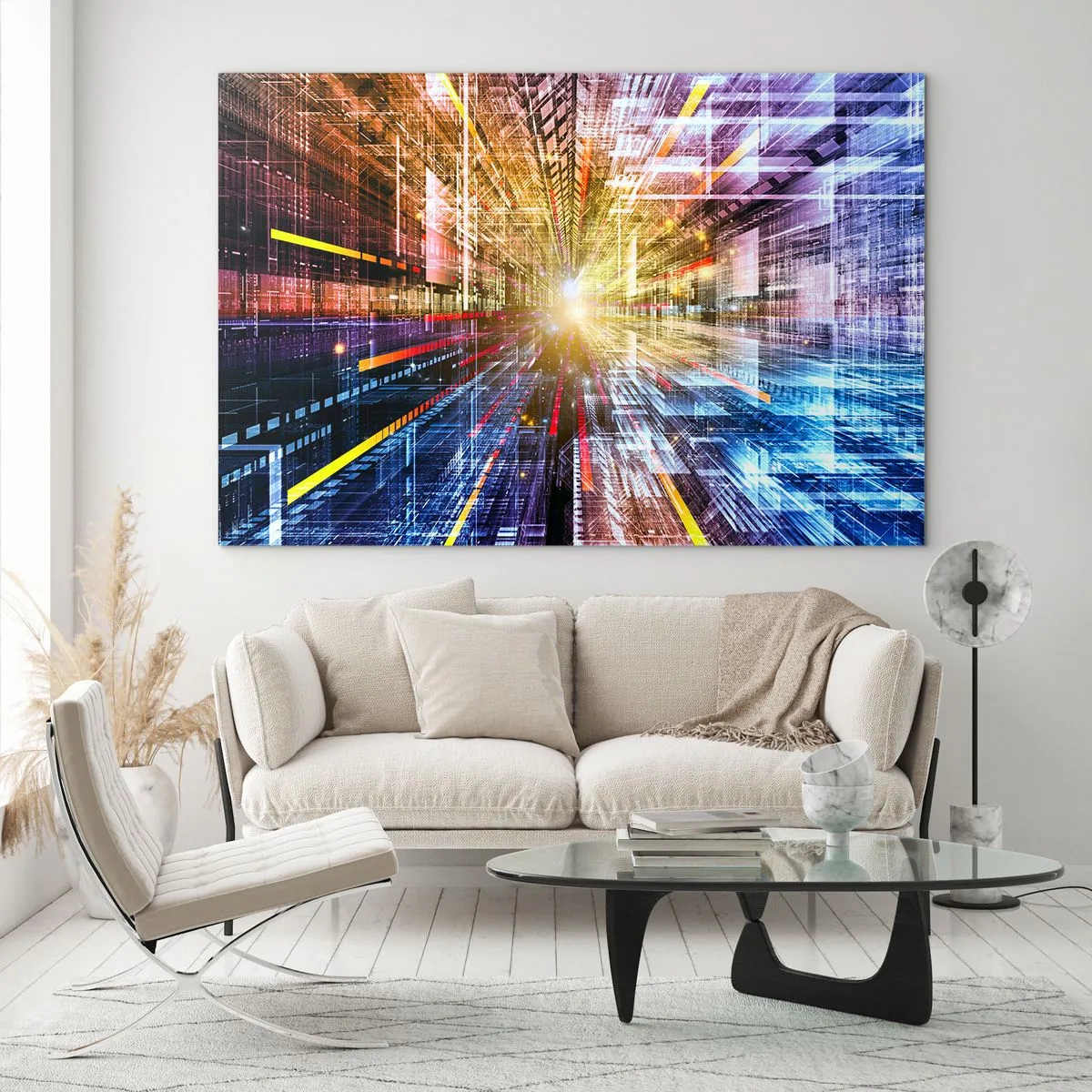 Impression sur verre - Image sur verre - Vision abstraite avec des lignes colorées et de la lumière - 100x70cm - Couloir lumineux - Décoration murale moderne pour le salon et la chambre ARTTOR