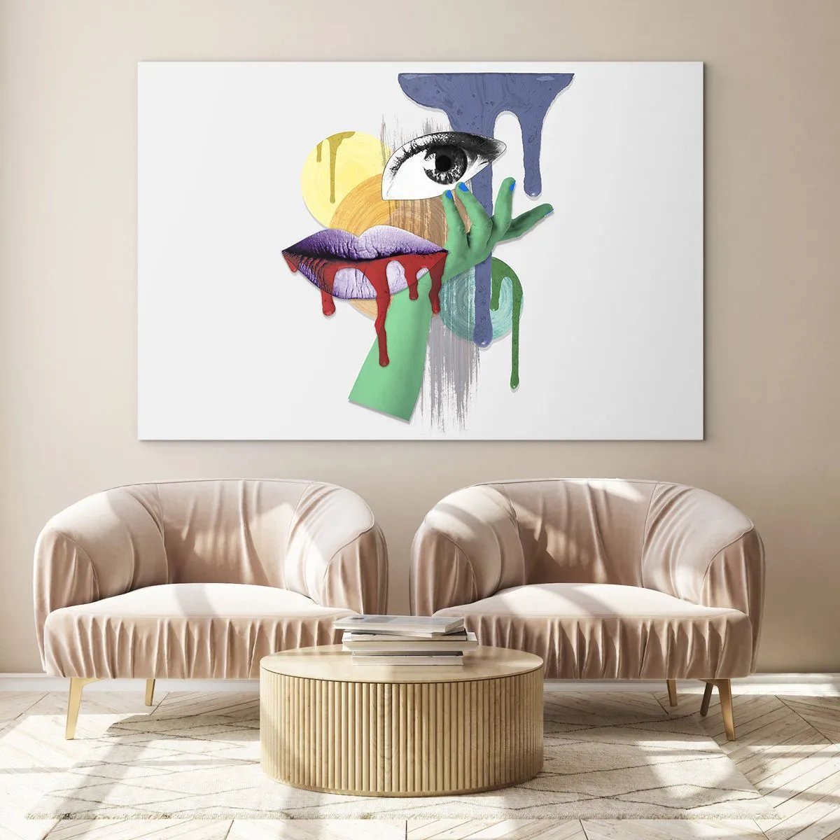 Impression sur verre - Image sur verre - Composition abstraite avec œil, bouche et couleurs - 70x50cm - Un portrait déconstruit - Décoration murale moderne pour le salon et la chambre ARTTOR