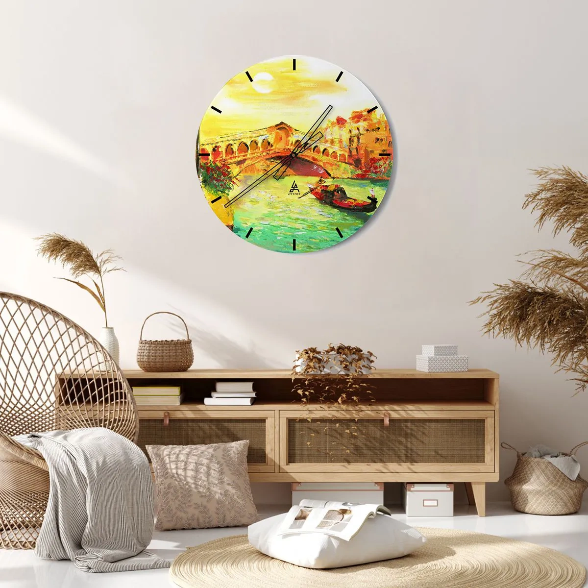 Horloge murale - Pendule murale - Une scène avec une gondole sur fond de pont aux couleurs dorées - 30x30cm - Un pèlerinage d'amoureux - Décoration murale moderne pour le salon, la cuisine et la chambre ARTTOR
