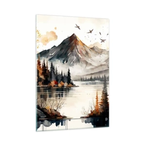 Impression sur verre - Image sur verre - Paysage de montagne d'automne avec un lac et une forêt - 50x70cm - Automne doré dans les montagnes - Décoration murale moderne pour le salon et la chambre ARTTOR