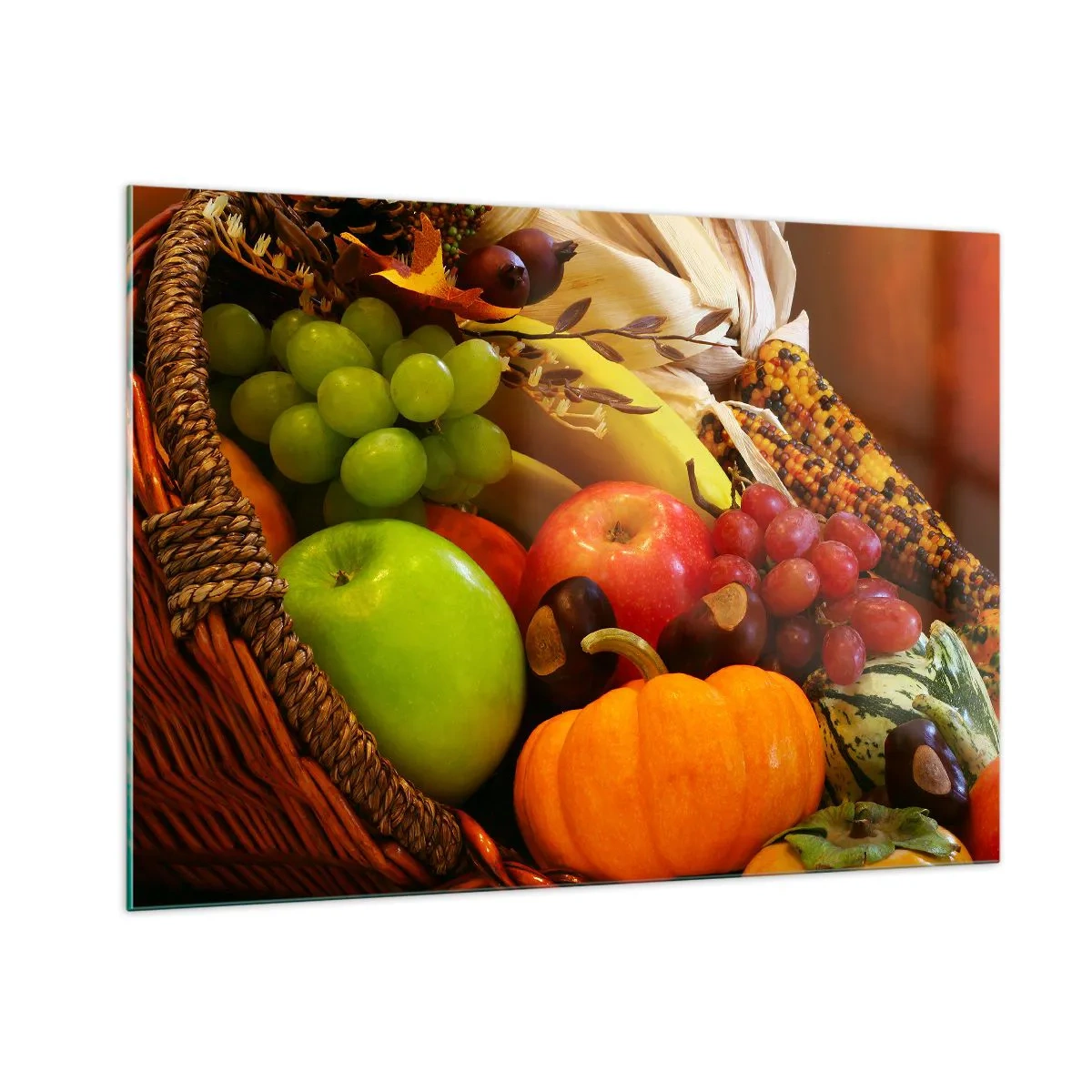 Impression sur verre - Image sur verre - Un panier rempli de fruits et légumes dans un arrangement d'automne - 100x70cm - Panier de récolte - Décoration murale moderne pour le salon et la chambre ARTTOR