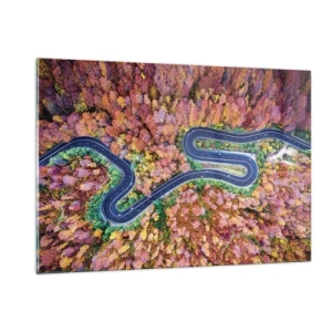Impression sur verre - Image sur verre - Vue aérienne d'une route sinueuse parmi les arbres d'automne colorés - 120x80cm - Route sinueuse à travers la forêt - Décoration murale moderne pour le salon et la chambre ARTTOR