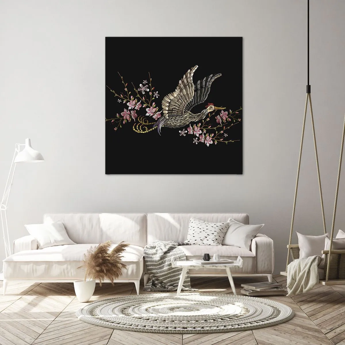 Impression sur toile - Image sur toile - Oiseau brodé exotique - 70x70 cm