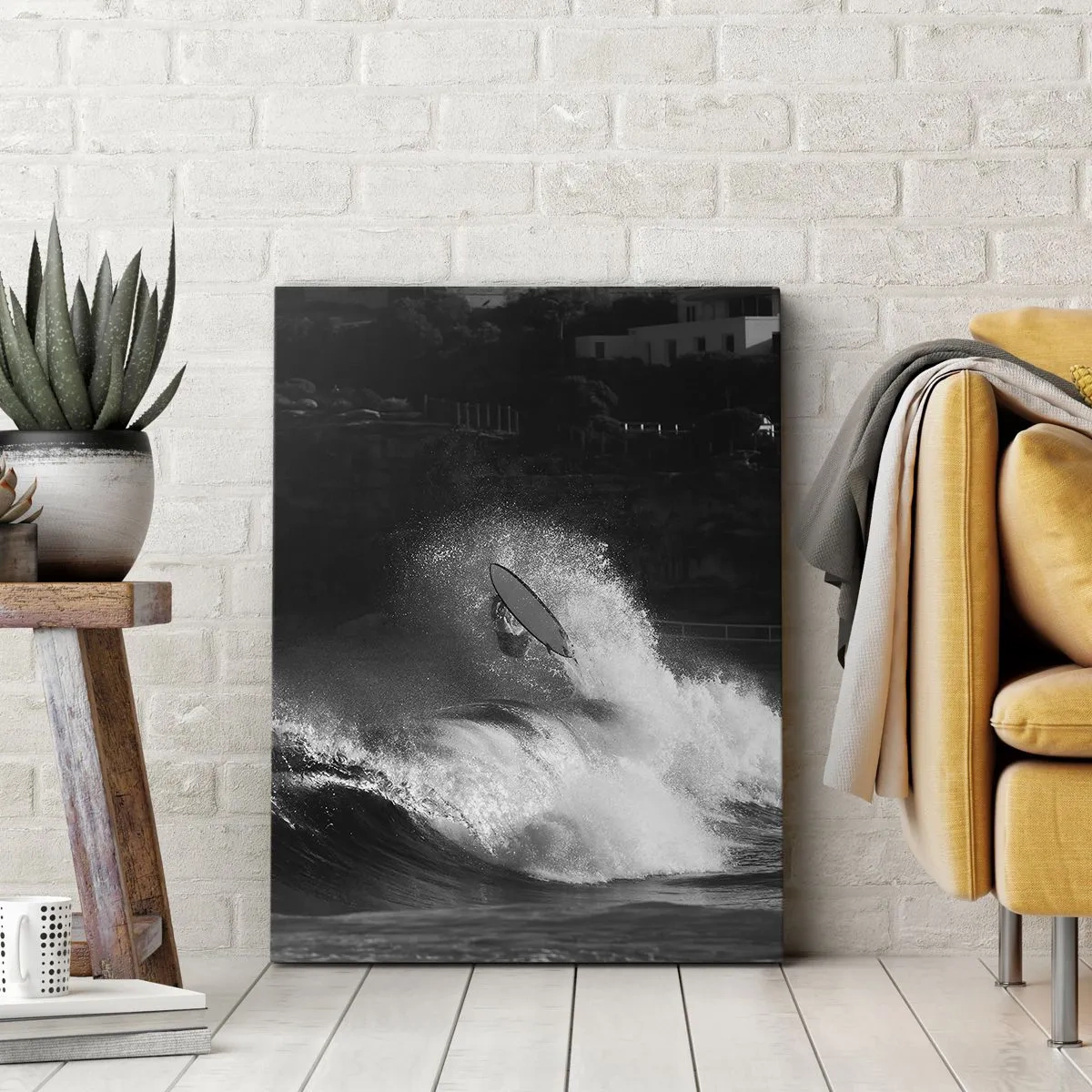 Impression sur toile - Image sur toile - Un surfeur sur une vague en monochrome - 50x70cm - Défi accepté! - Décoration murale moderne pour le salon et la chambre ARTTOR