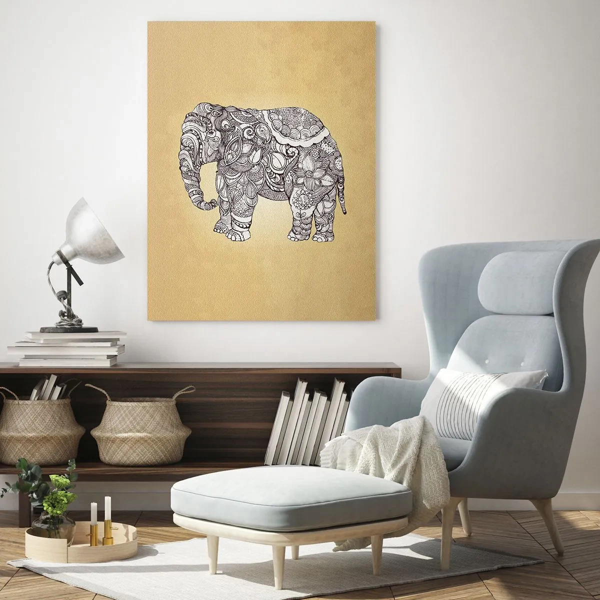 Impression sur verre - Image sur verre - Éléphant noir et blanc avec des motifs orientaux sur fond beige - 50x70cm - L'éléphant s'est apprêté - Décoration murale moderne pour le salon et la chambre ARTTOR
