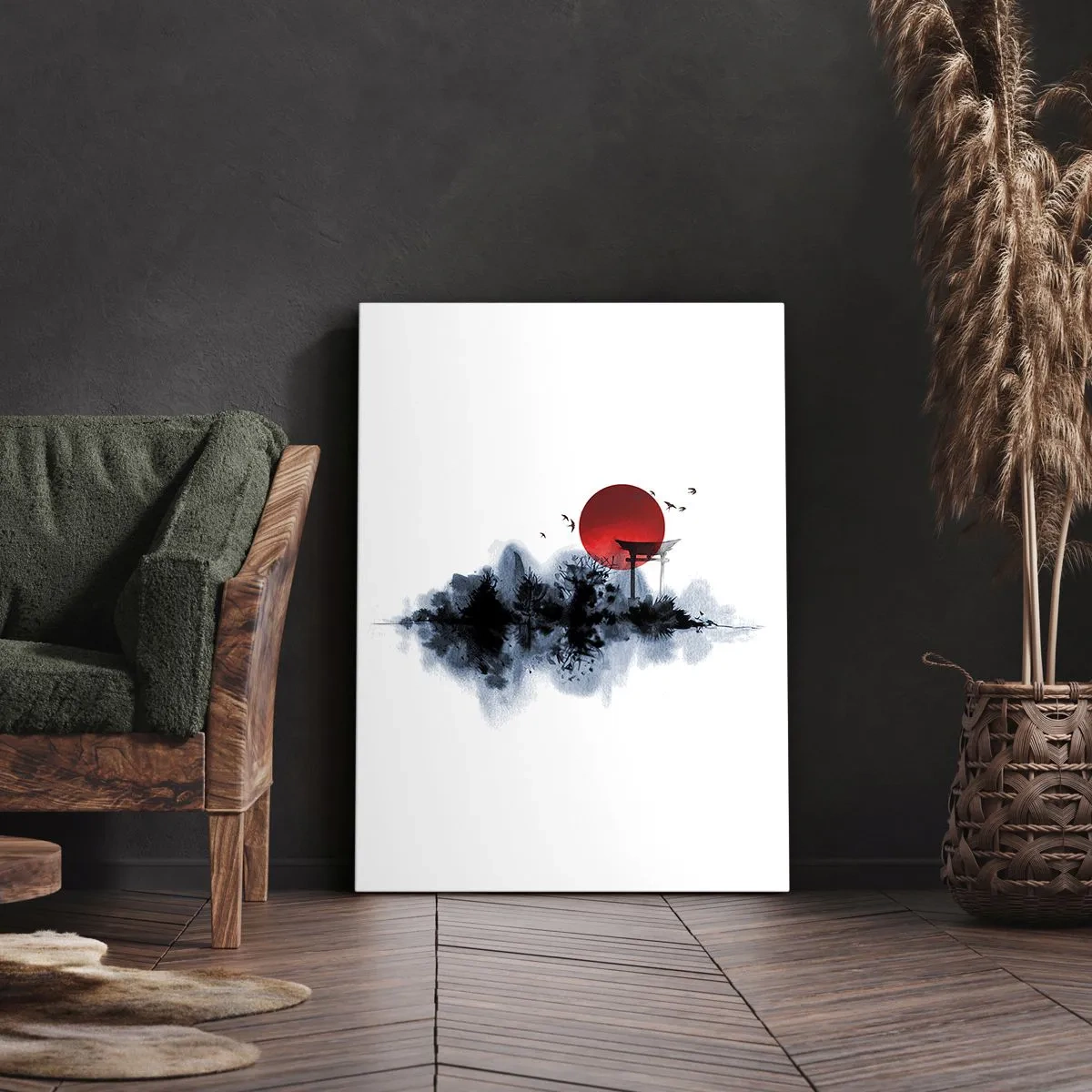 Impression sur toile - Image sur toile - Soleil rouge sur un paysage pittoresque avec torii - 50x70cm - Vue japonnaise - Décoration murale moderne pour le salon et la chambre ARTTOR