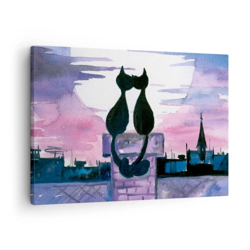 Impression sur toile - Image sur toile - Chats noirs sur un toit au clair de lune dans un décor aquarelle - 70x50cm - Rendez-vous sous la lune - Décoration murale moderne pour le salon et la chambre ARTTOR
