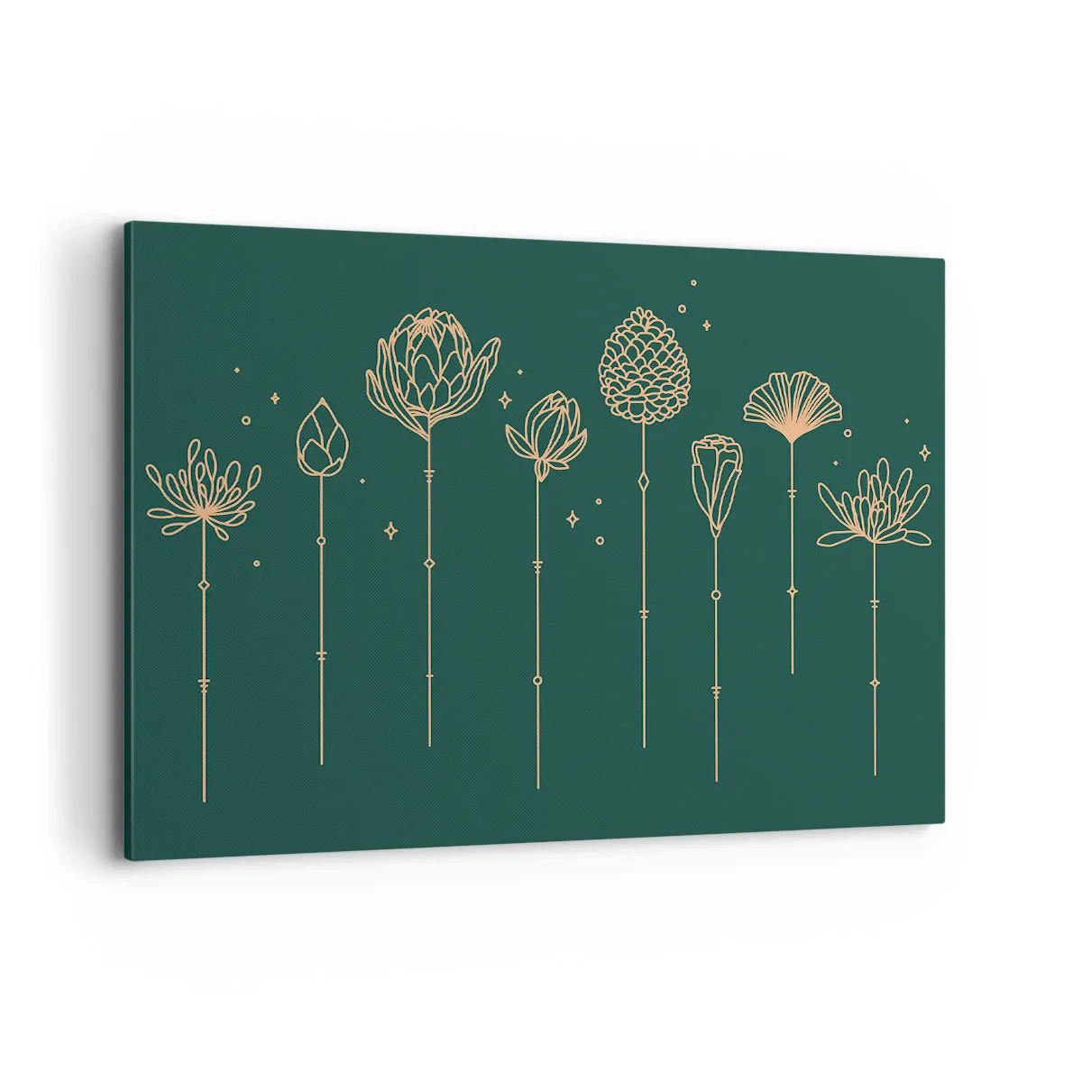 Impression sur toile - Image sur toile - Dessins dorés d'herbes sur fond vert foncé - 100x70cm - La famille Plante - Décoration murale moderne pour le salon et la chambre ARTTOR