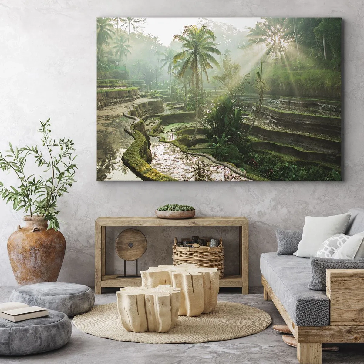 Impression sur toile - Image sur toile - Rizières en terrasses avec palmiers sous les rayons du soleil - 120x80cm - Grandir au soleil - Décoration murale moderne pour le salon et la chambre ARTTOR