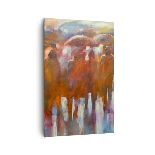 Impression sur toile - Image sur toile - Une foule de personnes avec des parapluies dans un décor pluvieux et artistique - 80x120cm - Identiques sous la pluie et dans le brouillard - Décoration murale moderne pour le salon et la chambre ARTTOR