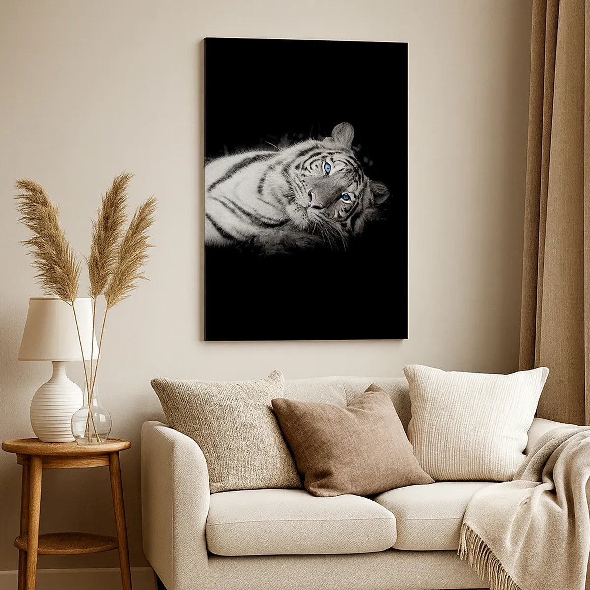 Impression sur toile - Image sur toile - Un tigre blanc rendu artistiquement sur un fond noir - 50x70cm - Sauvagerie et paix - Décoration murale moderne pour le salon et la chambre ARTTOR