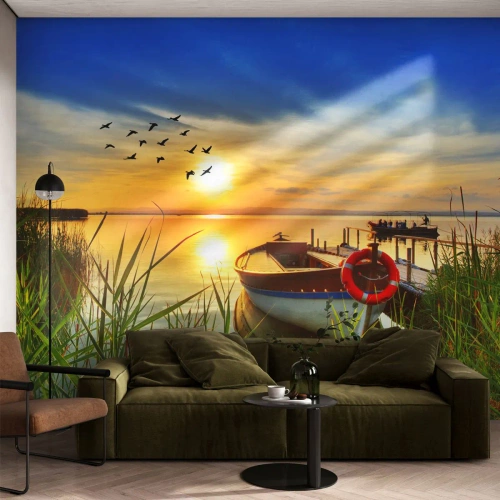 Papier Peint Autocollant Deluxe Sticker - Les cormorans s'envolent déjà - Paysage, Lac, Coucher de soleil - 500x350 cm
