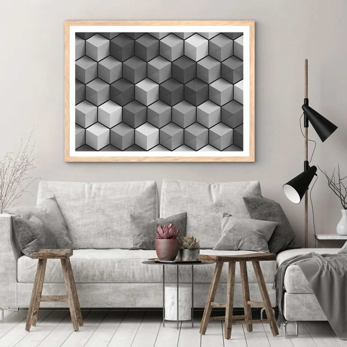 Affiche dans un chêne clair - Poster - Puzzle cubiste - 91x61 cm