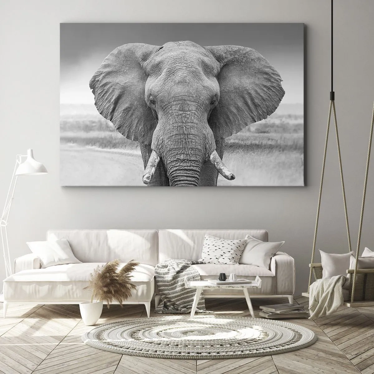 Impression sur toile - Image sur toile - Portrait d'un éléphant en noir et blanc - 120x80cm - Bienvenue dans mon monde - Décoration murale moderne pour le salon et la chambre ARTTOR