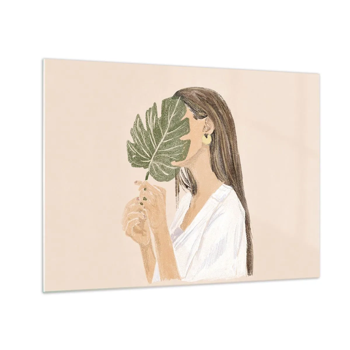 Impression sur verre - Image sur verre - Une femme aux cheveux longs tenant une feuille devant son visage. - 70x50cm - Portrait mystérieux avec un éventail - Décoration murale moderne pour le salon et la chambre ARTTOR