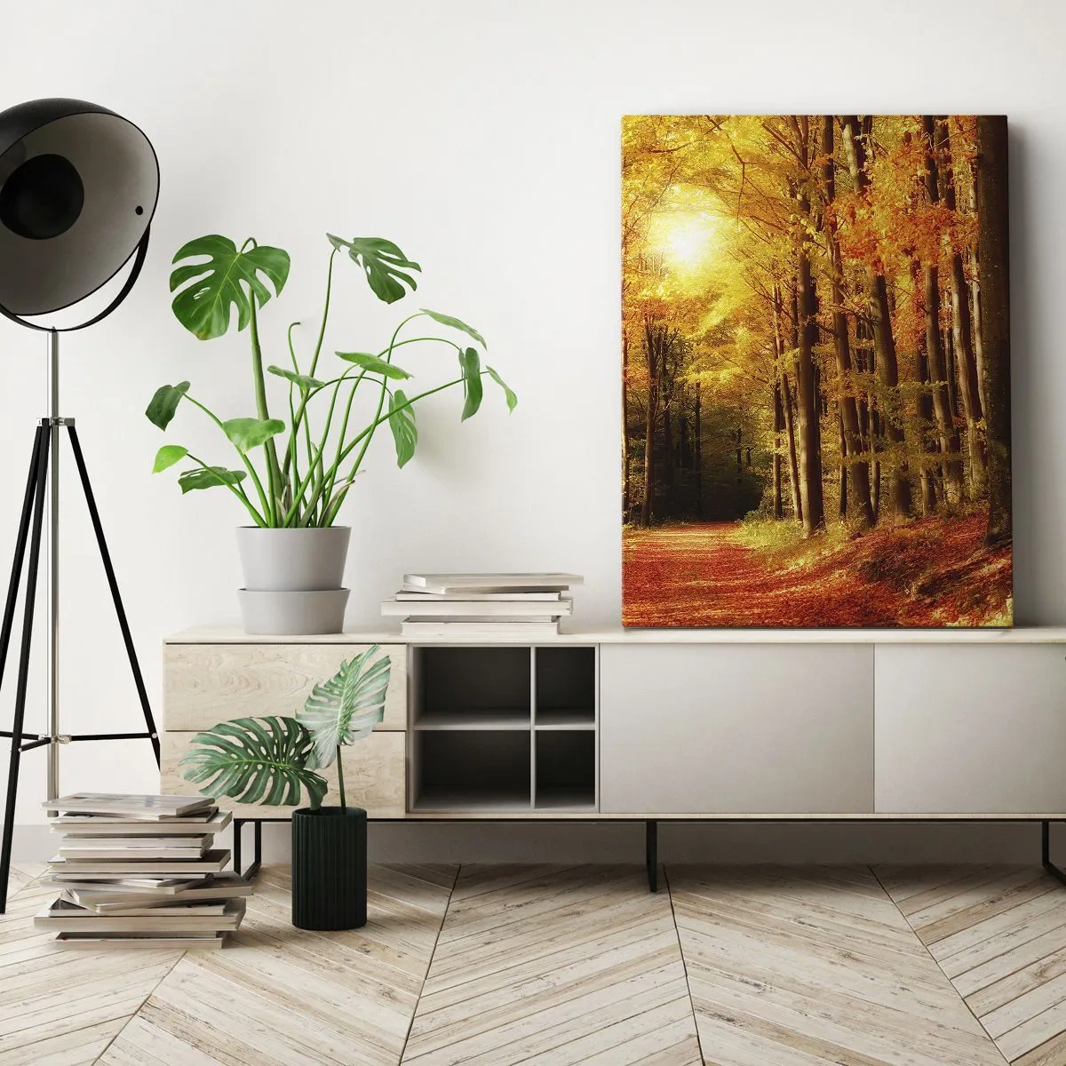 Impression sur toile - Image sur toile - Forêt d'automne avec les rayons du soleil qui brillent à travers les arbres - 50x70cm - Automne doré sur une route forestière - Décoration murale moderne pour le salon et la chambre ARTTOR