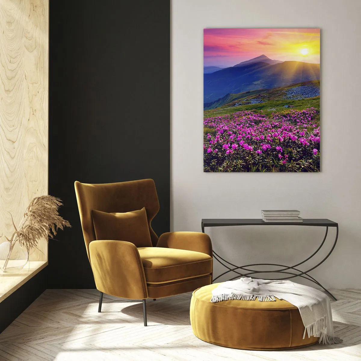 Impression sur verre - Image sur verre - Une prairie fleurie avec vue sur les montagnes au coucher du soleil - 80x120cm - … Et autour, ça sent le pin des montagnes et l'odeur de la prairie - Décoration murale moderne pour le salon et la chambre ARTTOR