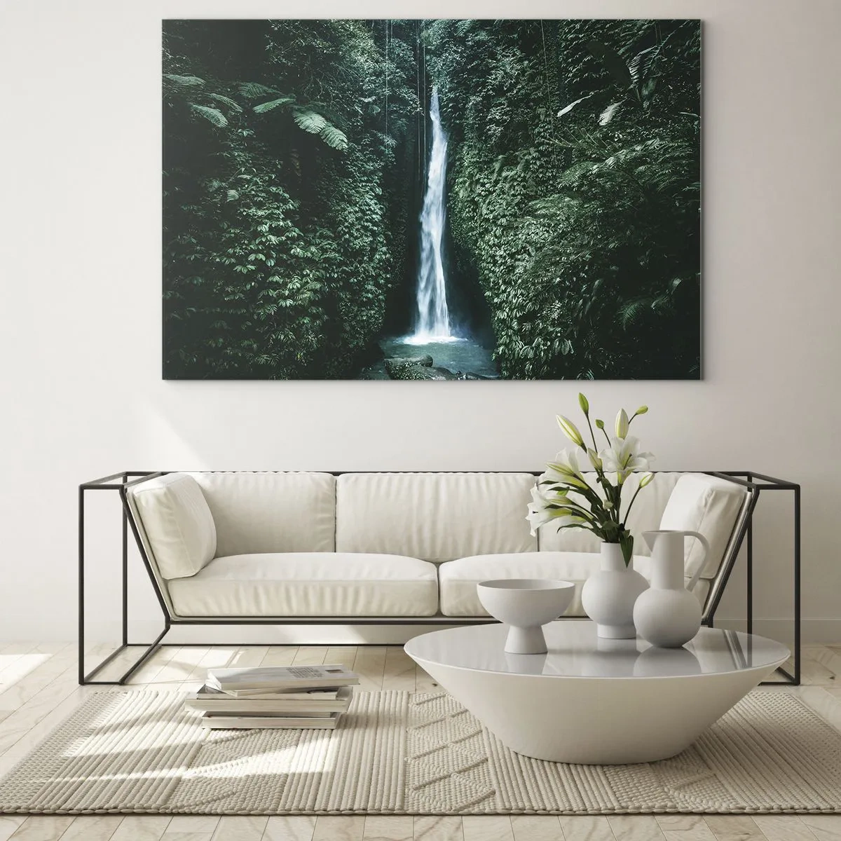 Impression sur verre - Image sur verre - Une cascade au milieu d'une végétation tropicale dense - 120x80cm - Fontaine tropicale - Décoration murale moderne pour le salon et la chambre ARTTOR