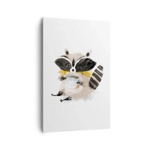 Impression sur toile - Image sur toile - Adorable raton laveur tenant une tasse de couleur pastel - 80x120cm - Mon ami le raton laveur - Décoration murale moderne pour le salon et la chambre ARTTOR