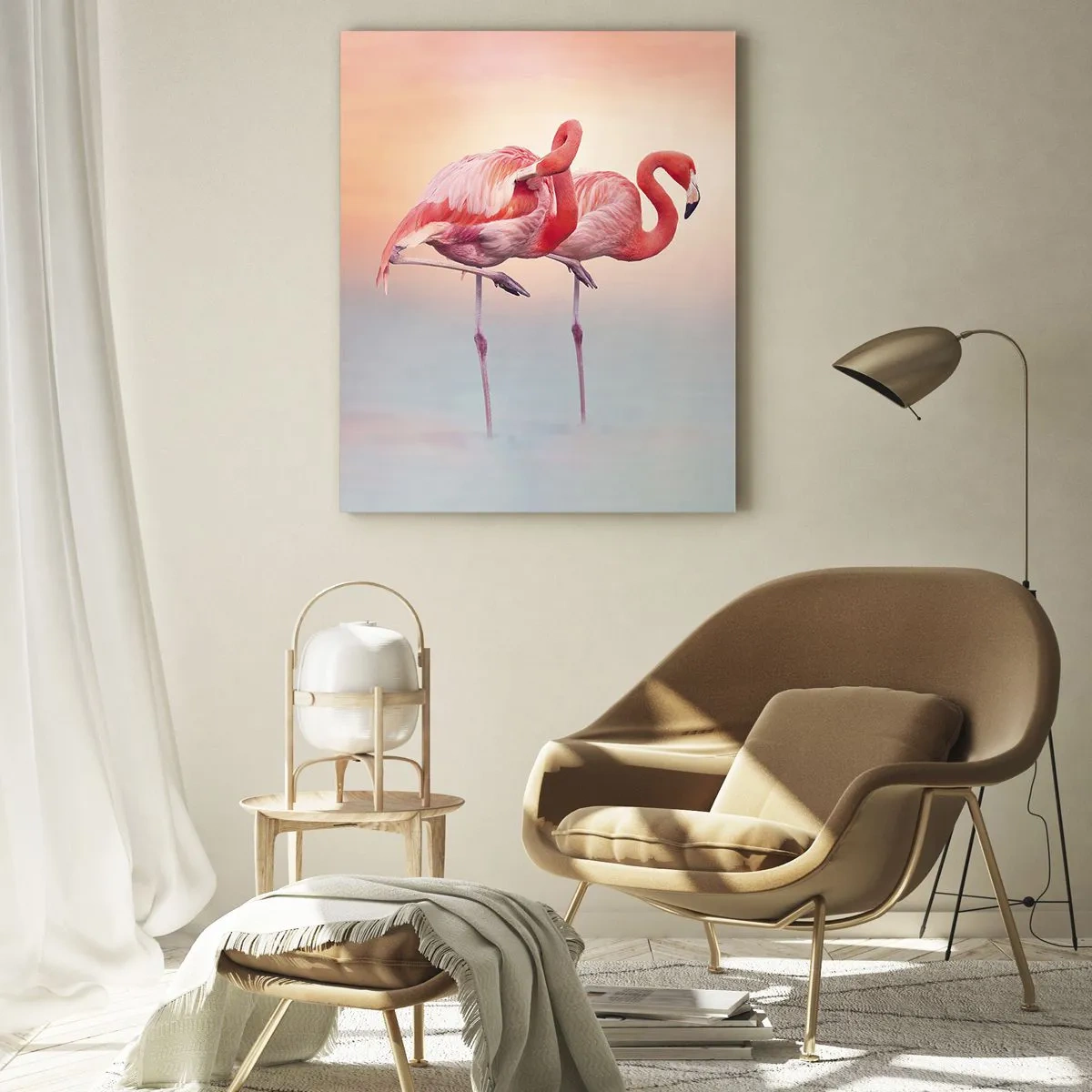 Impression sur verre - Image sur verre - Flamants roses aux couleurs pastel délicates sur fond d'eau - 70x100cm - Dans les couleurs du soleil couchant - Décoration murale moderne pour le salon et la chambre ARTTOR