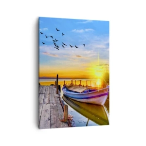 Impression sur toile - Image sur toile - Un bateau sur une jetée en bois au coucher du soleil - 50x70cm - Au revoir, à demain - Décoration murale moderne pour le salon et la chambre ARTTOR