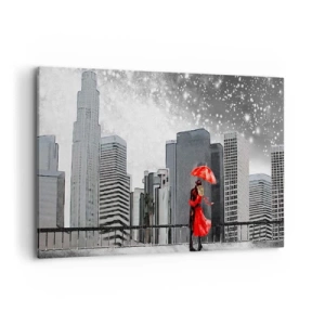 Impression sur toile - Image sur toile - Un couple en rouge avec un parapluie sur fond de paysage urbain - 120x80cm - L'homme n'est pas une pierre - Décoration murale moderne pour le salon et la chambre ARTTOR