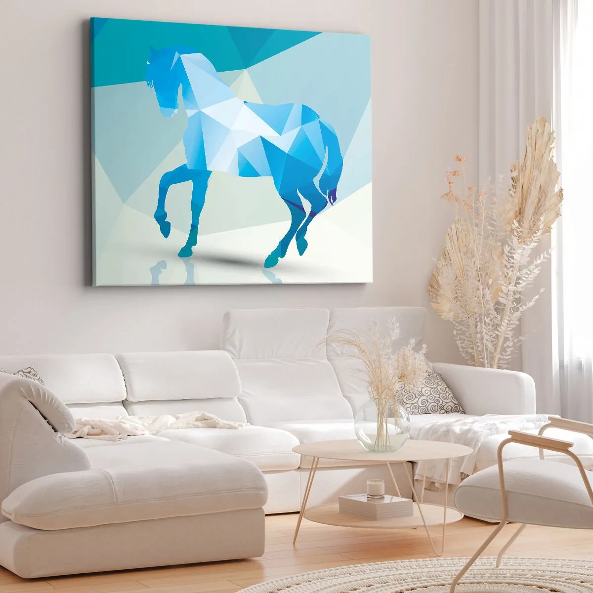 Impression sur toile - Image sur toile - Silhouette géométrique d'un cheval dans des tons bleus - 120x80cm - Cheval géométrique en turquoise - Décoration murale moderne pour le salon et la chambre ARTTOR