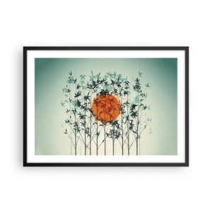 Affiche dans un cadre noir - Poster - Soleil orange parmi les branches de bambou - 70x50cm - Soleil japonnais - Décoration murale moderne pour le salon et la chambre ARTTOR