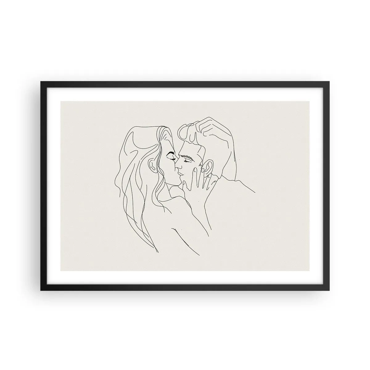 Affiche dans un cadre noir - Poster - Une illustration minimaliste d'un couple dans une étreinte amoureuse - 70x50cm - Enlacé de sentiment - Décoration murale moderne pour le salon et la chambre ARTTOR