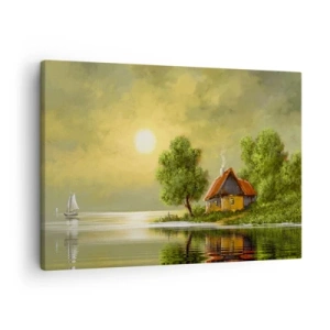Impression sur toile - Image sur toile - Maison au bord du lac dans la lumière du coucher du soleil - 70x50cm - Beau, comme une image - Décoration murale moderne pour le salon et la chambre ARTTOR