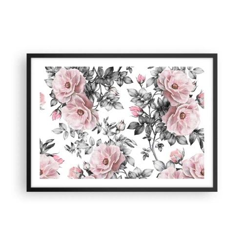 Affiche dans un cadre noir - Poster - Roses roses et feuilles sur un délicat fond noir et blanc - 70x50cm - Se perdre dans les fleurs des roses - Décoration murale moderne pour le salon et la chambre ARTTOR