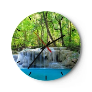 Horloge murale - Pendule murale - Une cascade entourée d'une forêt verte et d'eau turquoise - 30x30cm - Se noyer dans le turquoise et le vert - Décoration murale moderne pour le salon, la cuisine et la chambre ARTTOR