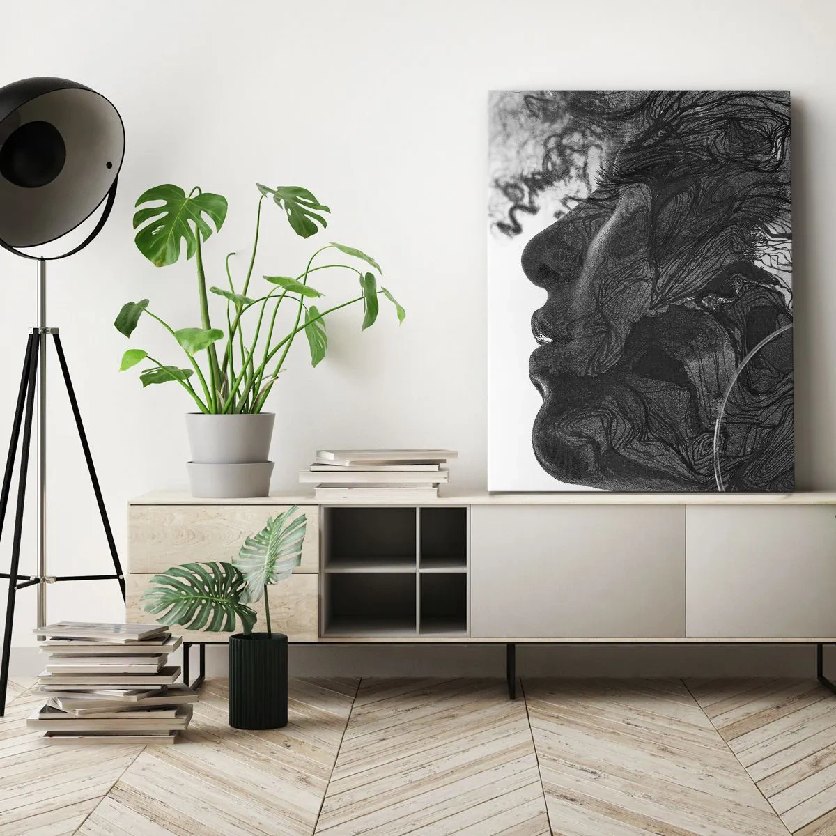 Impression sur toile - Image sur toile - Visage abstrait en noir et blanc avec des lignes dynamiques. - 50x70cm - Emmêlé dans les rêves - Décoration murale moderne pour le salon et la chambre ARTTOR