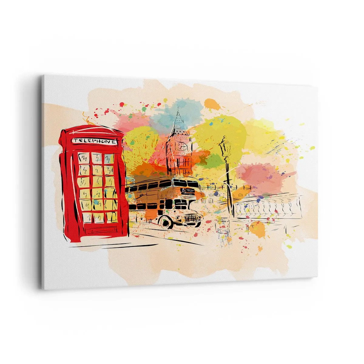 Impression sur toile - Image sur toile - Thème londonien avec bus rouge et stand - 100x70cm - La ville de la variété - Décoration murale moderne pour le salon et la chambre ARTTOR