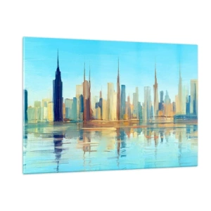 Impression sur verre - Image sur verre - Un panorama de la métropole reflété dans l'eau sous un ciel bleu - 120x80cm - Une métropole ensoleillée - Décoration murale moderne pour le salon et la chambre ARTTOR
