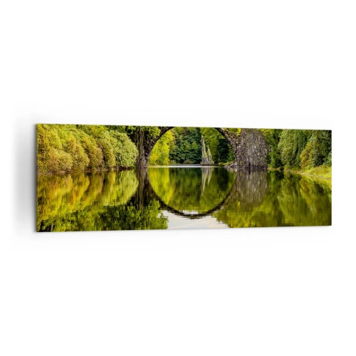 Impression sur toile - Image sur toile - Un pont de pierre sur une rivière avec un reflet parfait dans l'eau - 160x50cm - À la jonction de deux mondes - Décoration murale moderne pour le salon et la chambre ARTTOR