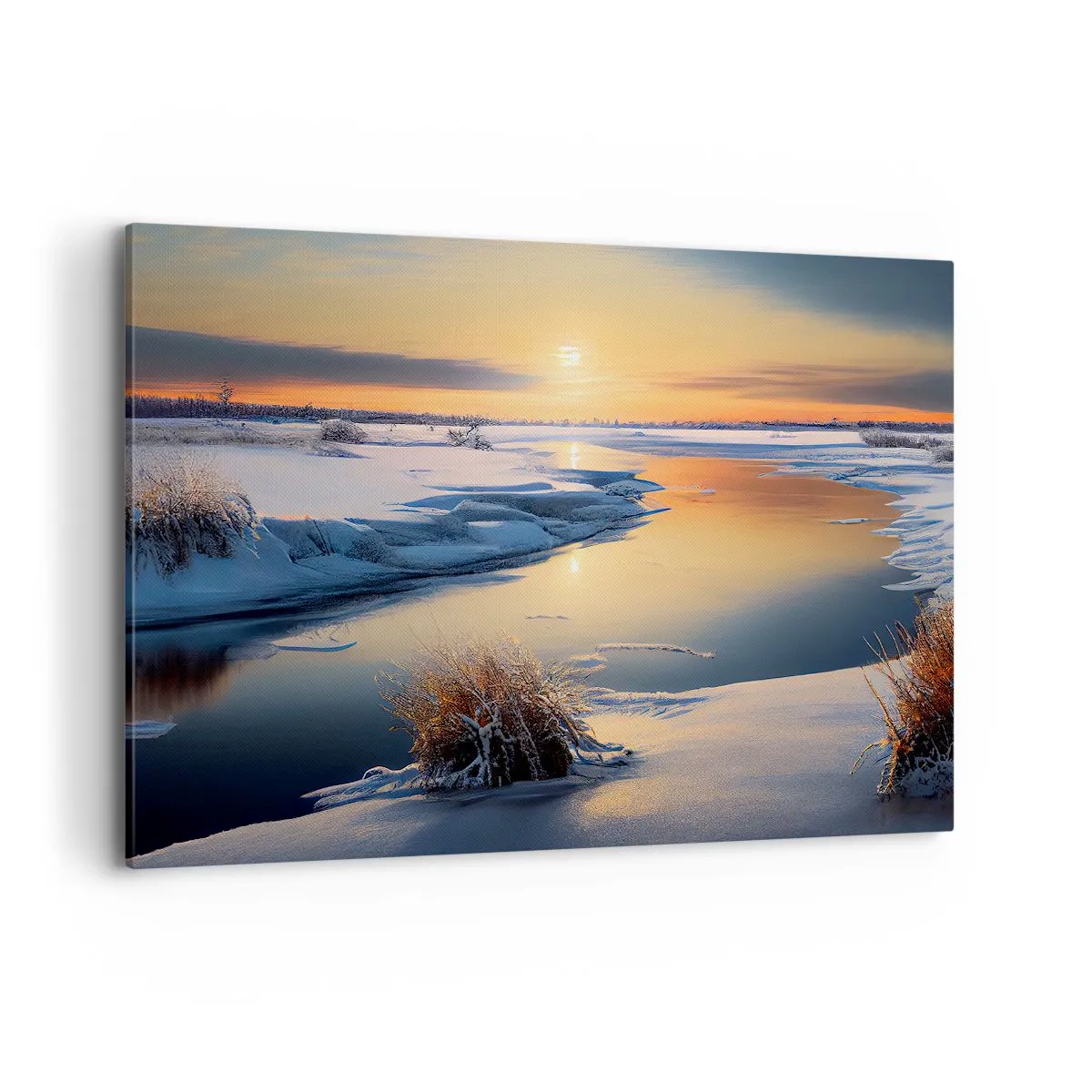 Impression sur toile - Image sur toile - Paysage d'hiver avec une rivière au coucher du soleil - 120x80cm - Coucher de soleil d'hiver - Décoration murale moderne pour le salon et la chambre ARTTOR