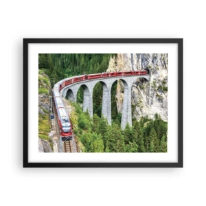 Affiche dans un cadre noir - Poster - Chemin de fer avec vue sur la montagne - 50x40 cm