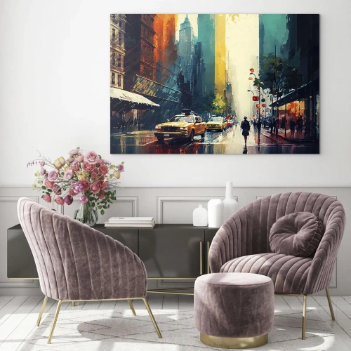 Impression sur verre - Image sur verre - New York – ici même la pluie est colorée - 70x50 cm