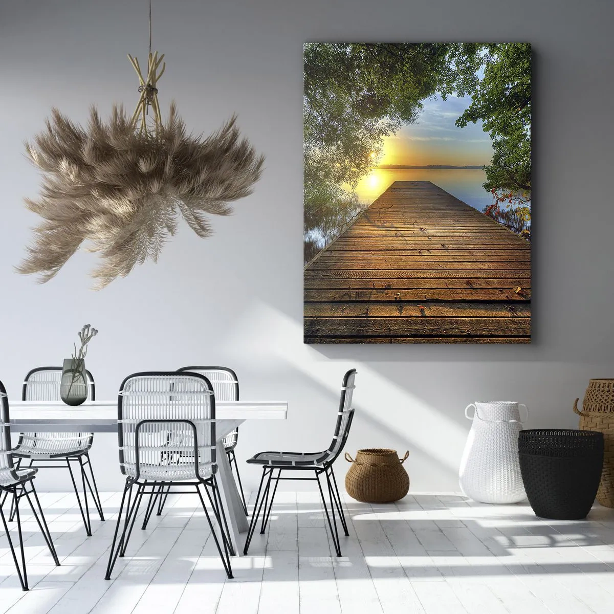 Impression sur toile - Image sur toile - Une jetée en bois entourée de verdure au coucher du soleil - 50x70cm - Prenez votre temps, asseyez-vous - Décoration murale moderne pour le salon et la chambre ARTTOR