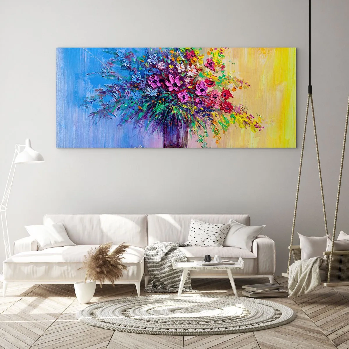 Impression sur verre - Image sur verre - Un bouquet de fleurs colorées dans un vase sur un fond dégradé - 120x50cm - Cadeau d'été de la prairie - Décoration murale moderne pour le salon et la chambre ARTTOR