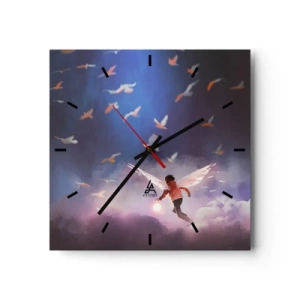 Horloge murale - Pendule murale - Une figure avec des ailes d'ange flottant parmi les oiseaux dans le ciel - 30x30cm - Il faut de l'imagination et du courage - Décoration murale moderne pour le salon et la chambre ARTTOR