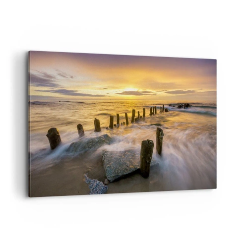 Impression sur toile - Image sur toile - Coucher de soleil sur la mer avec les vestiges d'une ancienne jetée - 100x70cm - La beauté brute de la mer Baltique - Décoration murale moderne pour le salon et la chambre ARTTOR